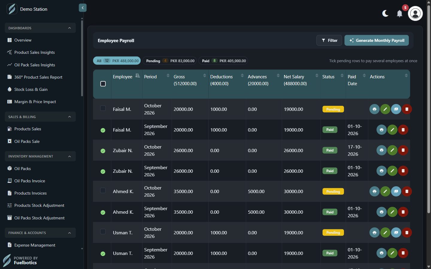 Employee payroll screen